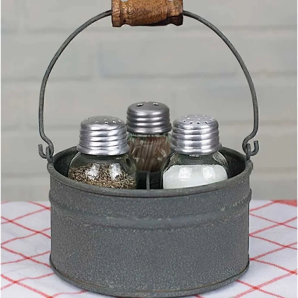 NEW! Farmhouse Galvanized Gray Metal Bucket Mason Salt Pepper Toothpick Holders